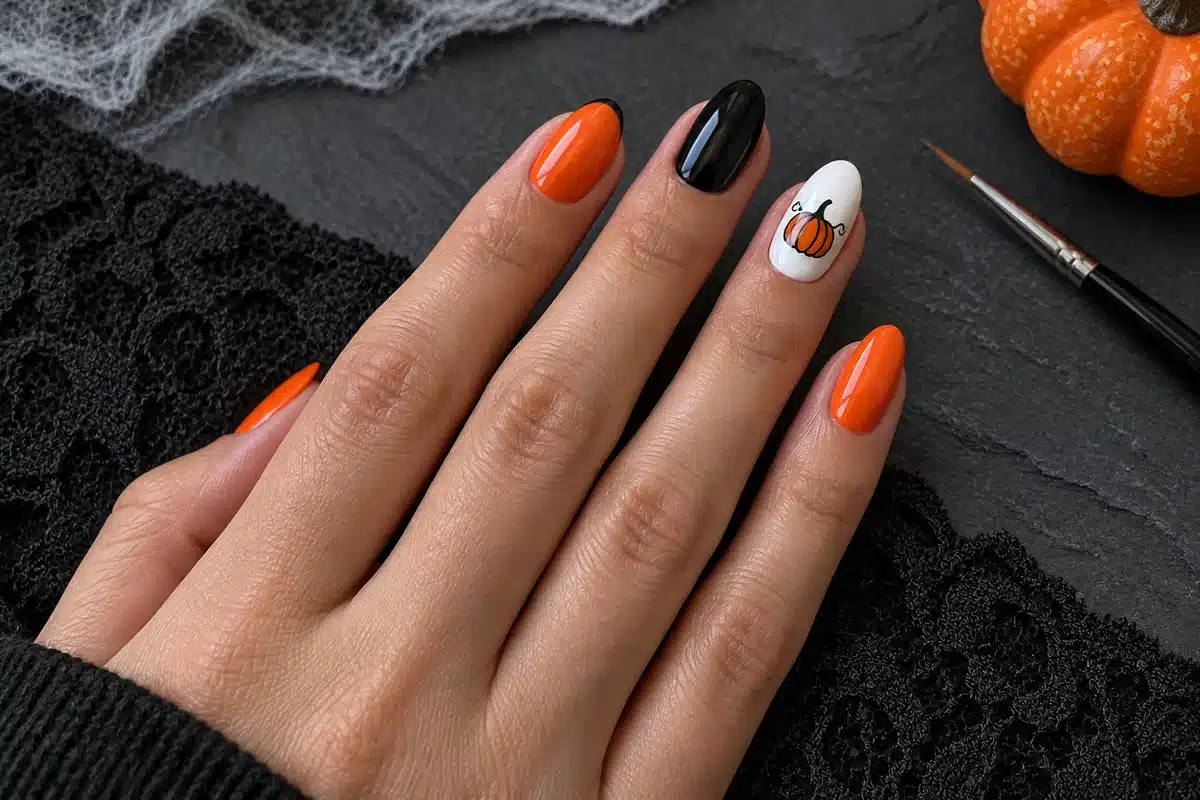 Orange and black almond gel nails with a white pumpkin accent nail against a Halloween backdrop