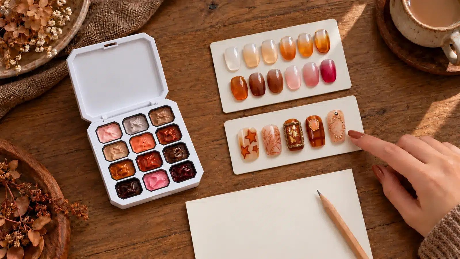 A hand points to autumn nail art beside warm gradient samples and a small open 12-color Pat Pat Gel palette.