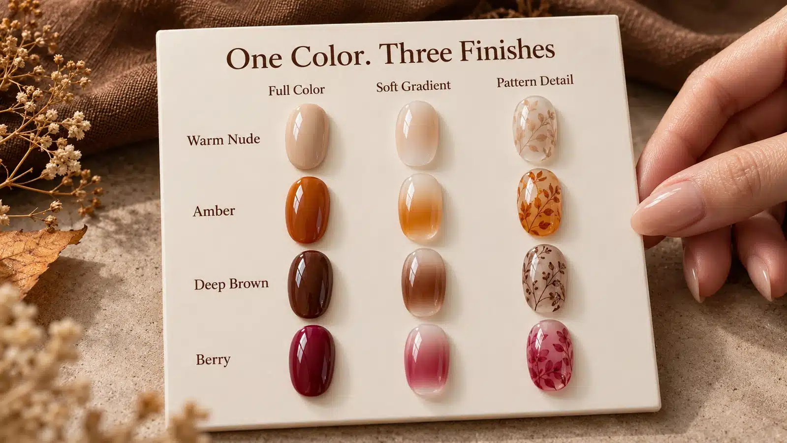 Nude, amber, deep brown and berry nail samples arranged as full color, soft gradients and botanical patterns
