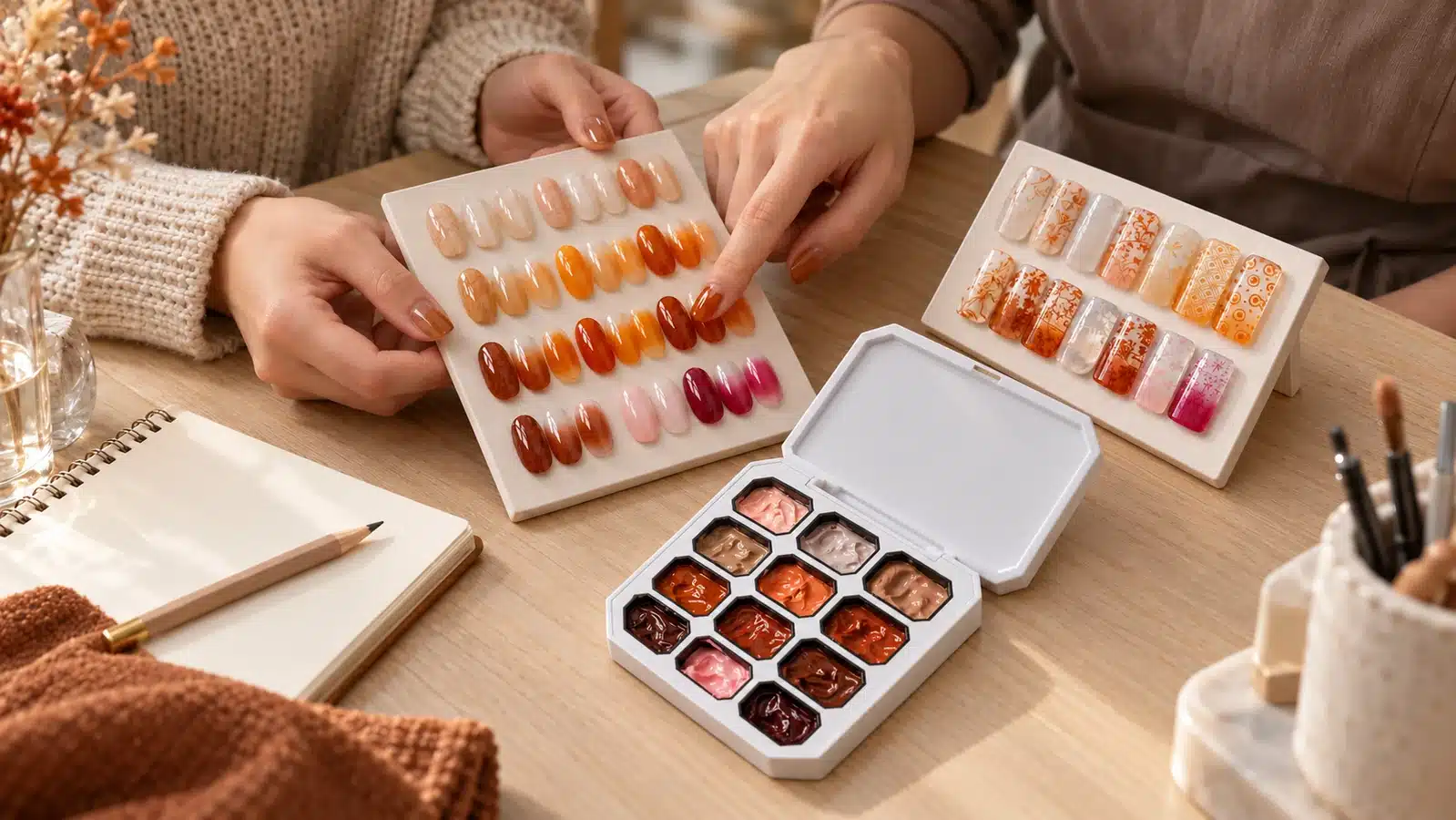 Hands compare warm gradient and patterned nail samples beside an open 12-color Pat Pat Gel palette