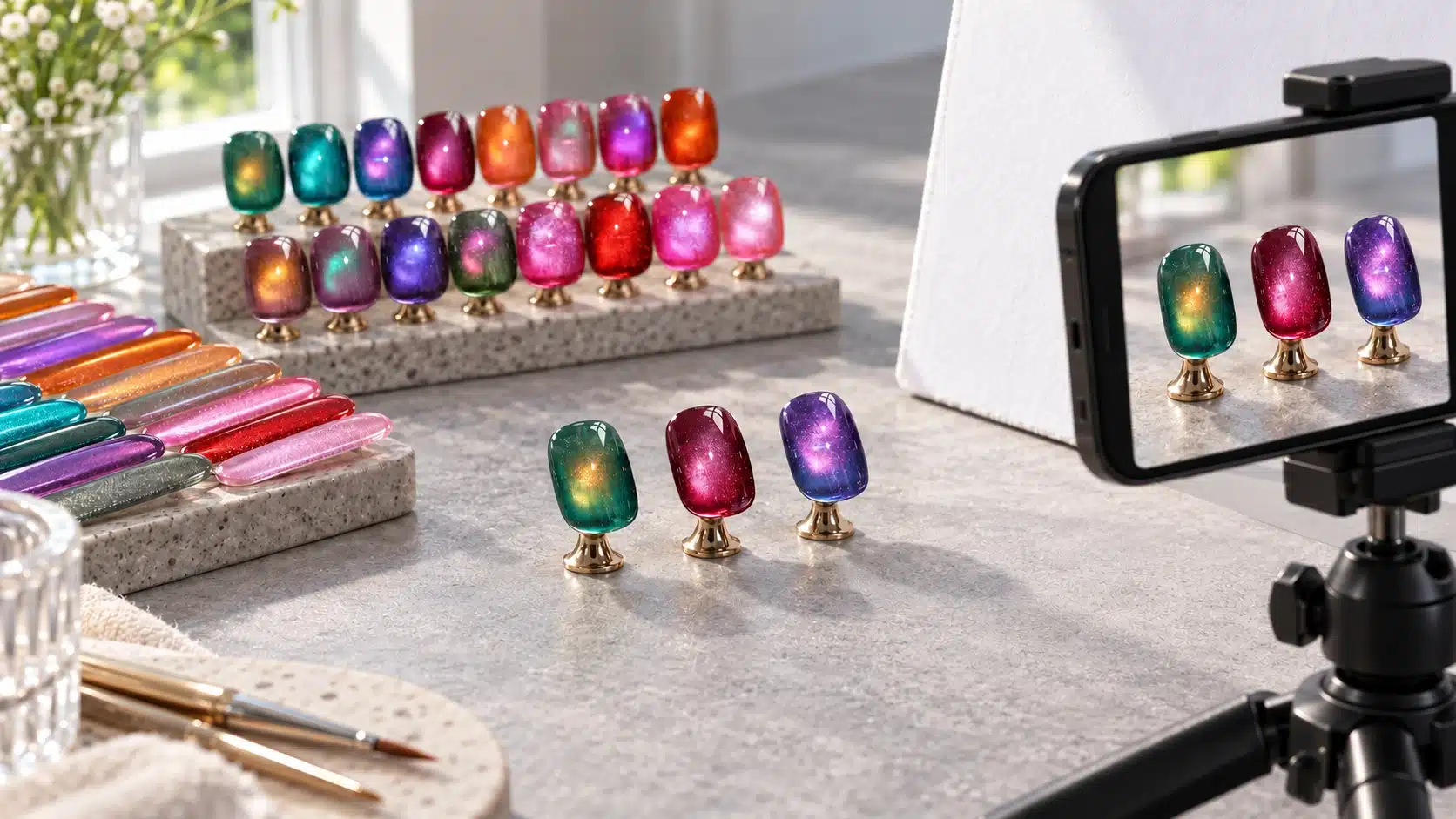 Smartphone on a tripod positioned to photograph colored glass cat eye nail samples