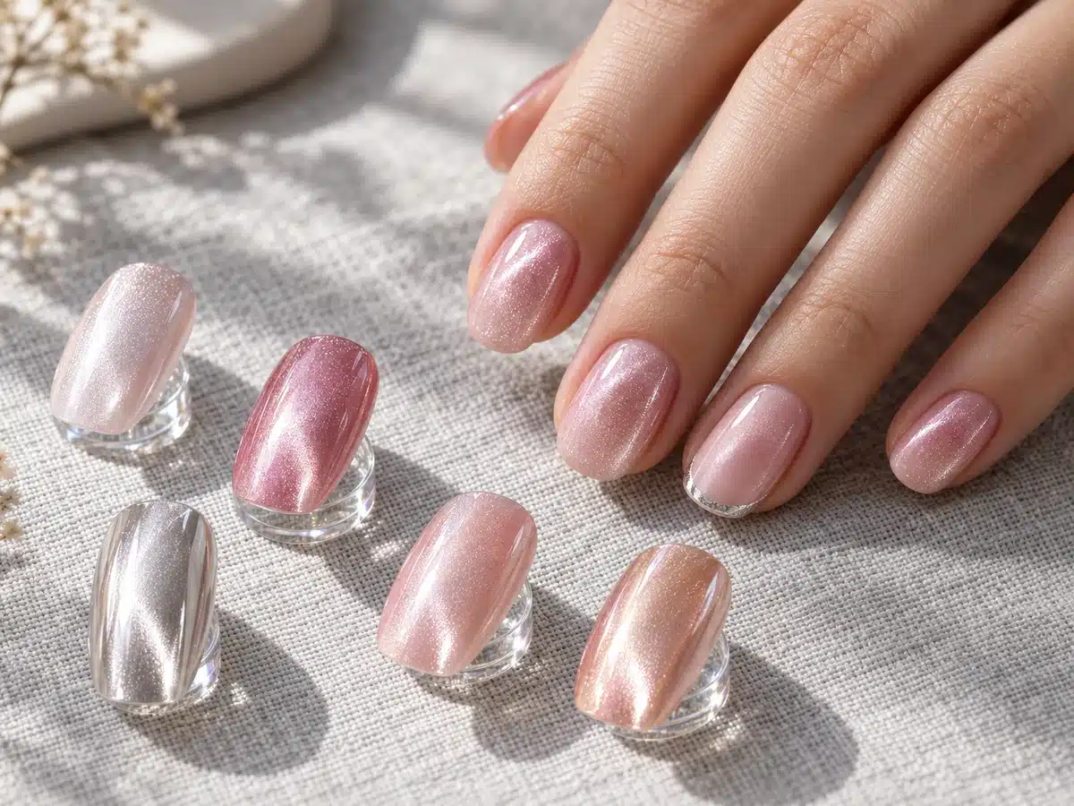 Pink jelly cat eye manicure with a silver French accent beside coordinating nail samples