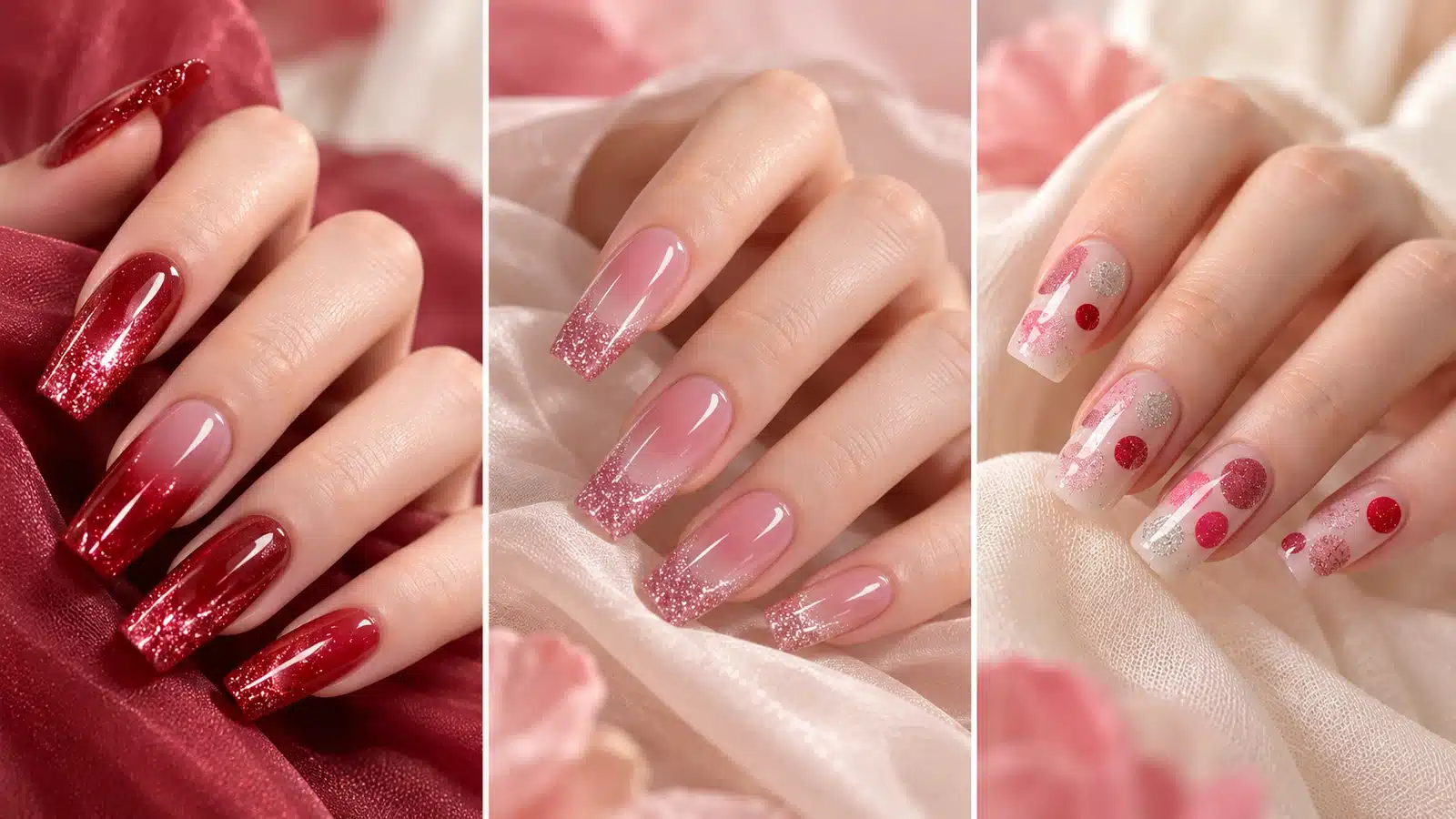 Red reflective nails, pink glitter French tips and flat pink, red and silver dot nail art