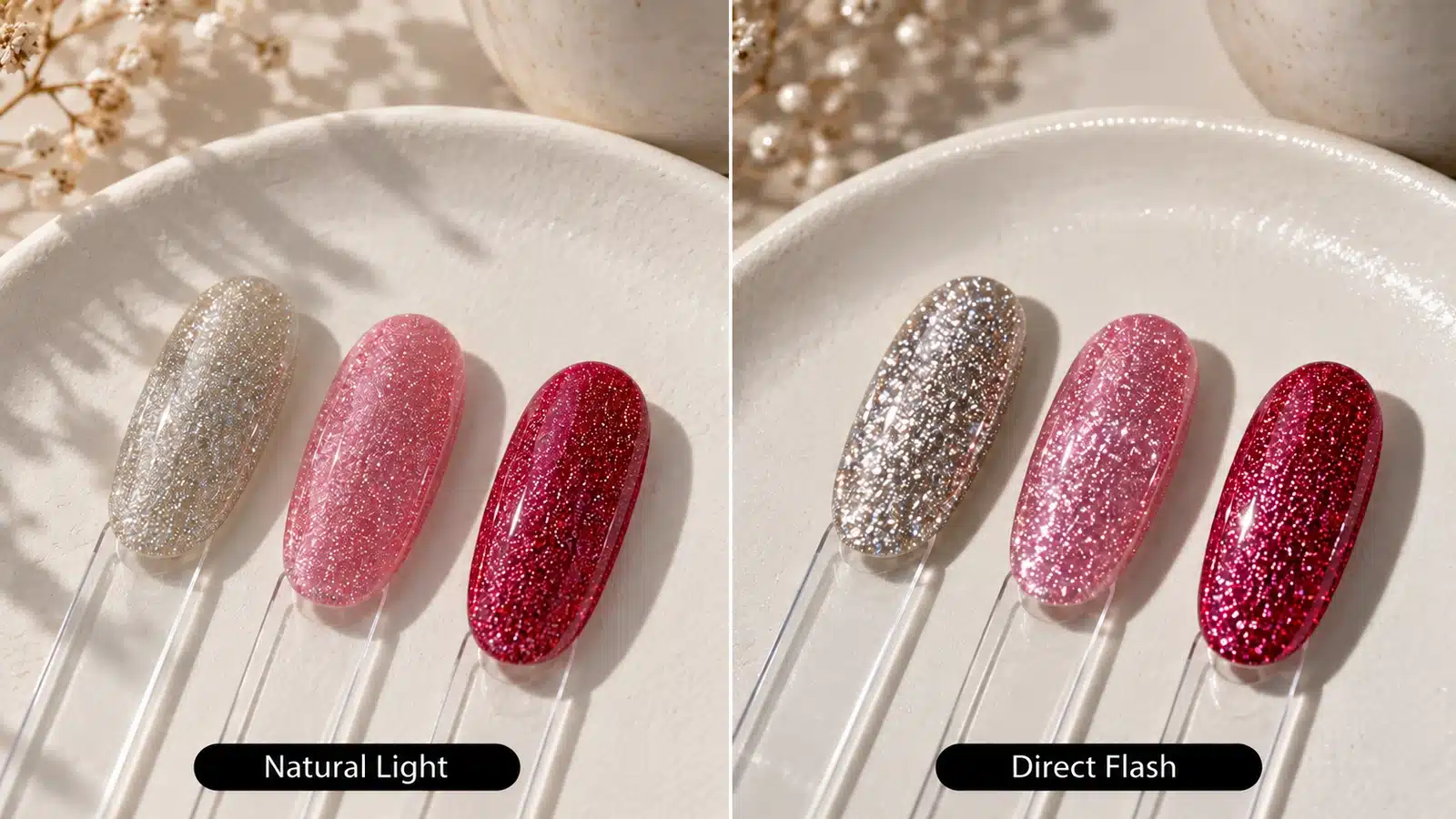 Silver, pink and berry reflective gel nail samples compared in natural light and direct flash