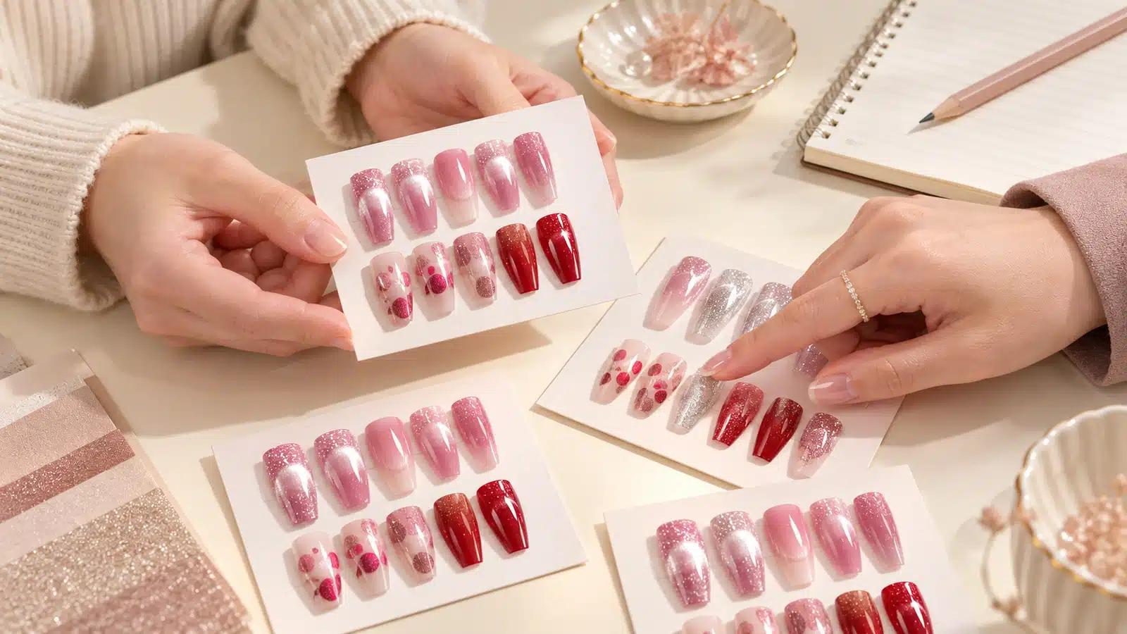 Hands comparing pink French, red and silver reflective nail samples on display cards