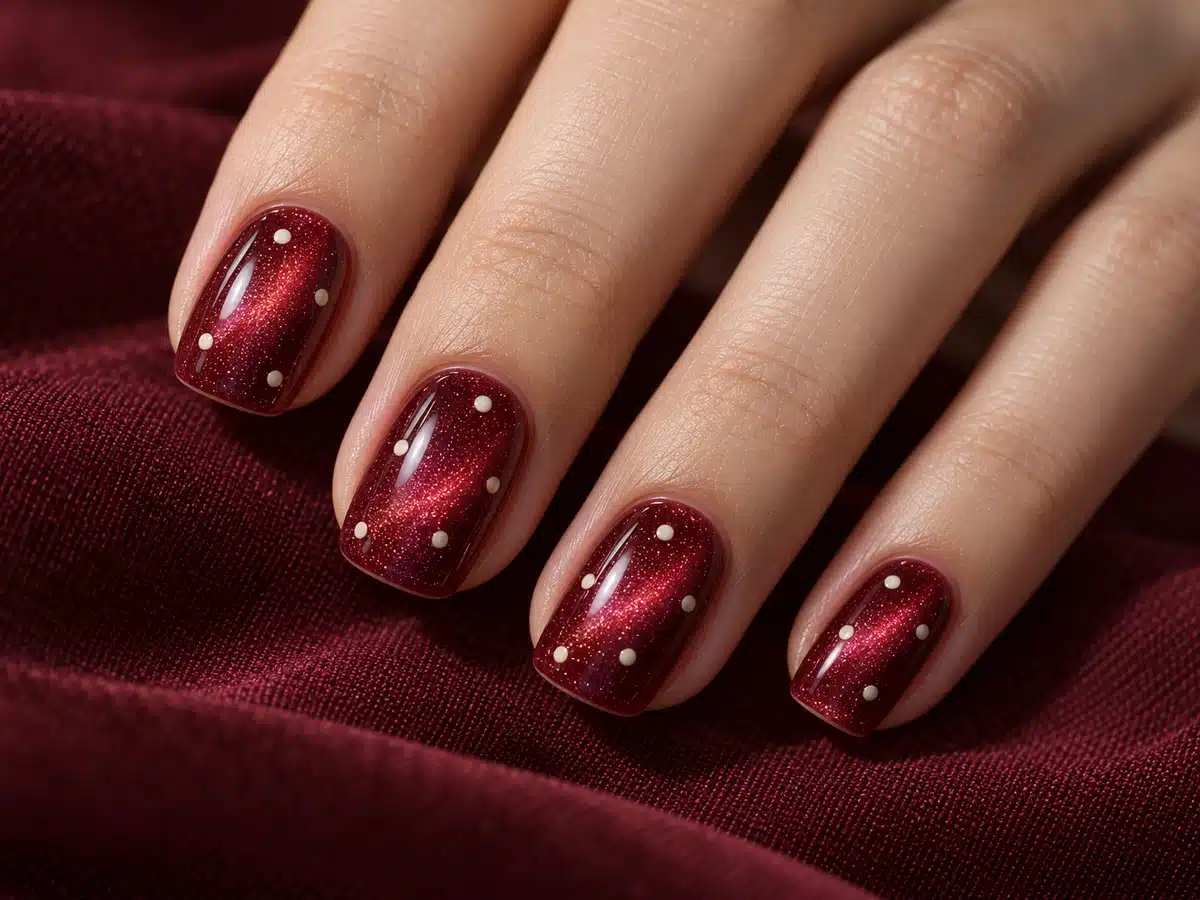 Short burgundy cat eye manicure with small ivory polka dots on wine-colored fabric