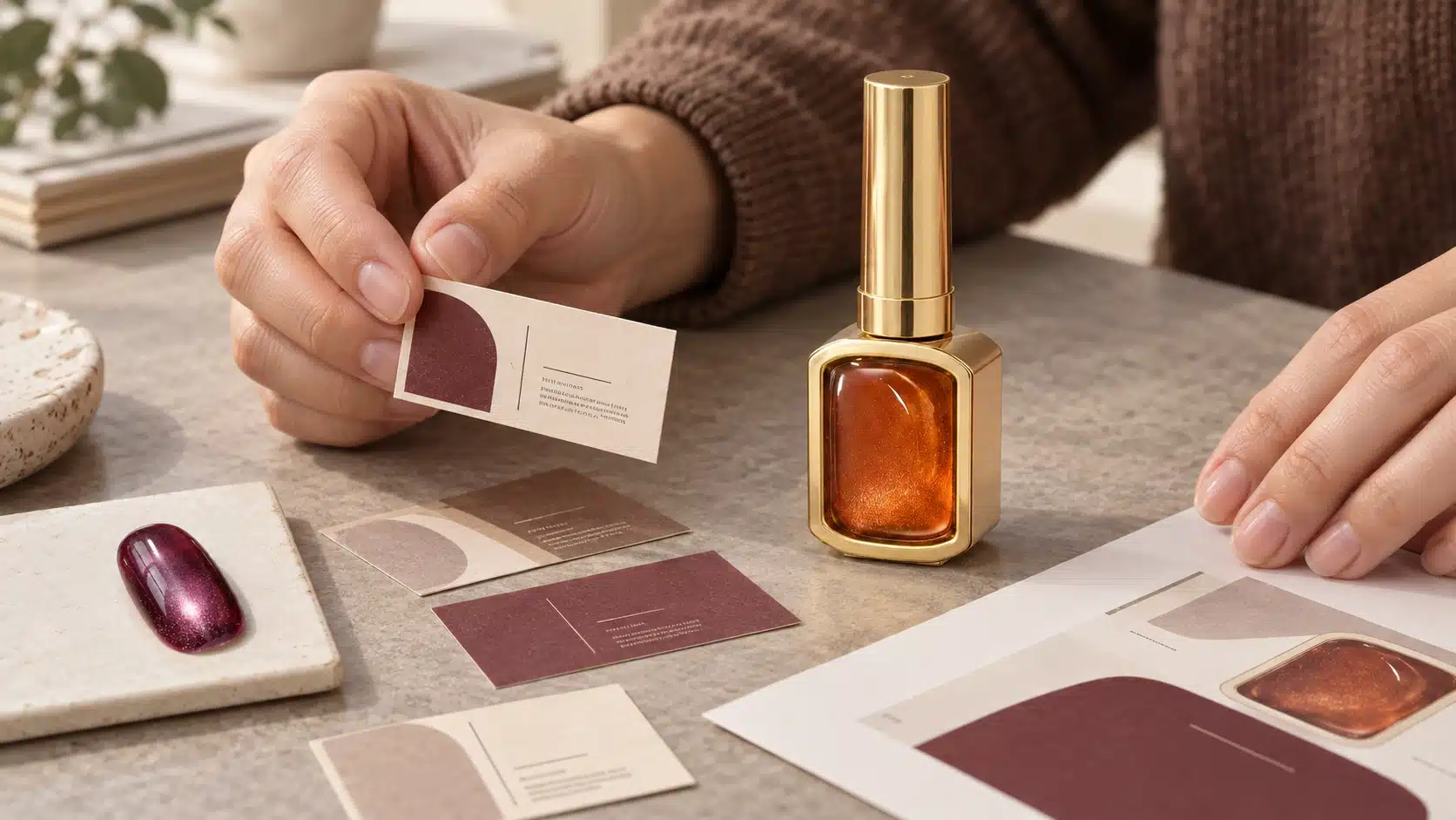 Hands reviewing cream and burgundy label drafts beside a gold cat-eye gel bottle and a burgundy nail sample