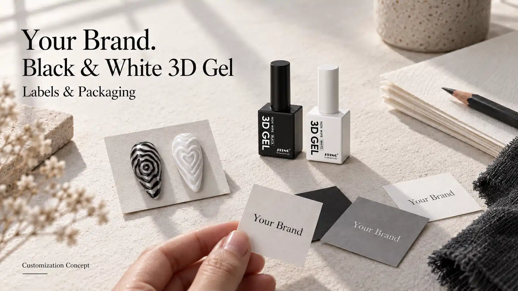 JTING black and white 3D gel bottles beside monochrome label concepts and raised nail samples