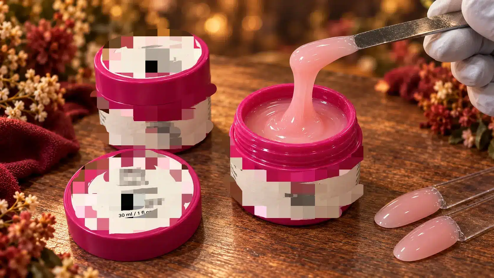 Private label milky pink builder gel jars with a gel texture demonstration and matching nail swatches
