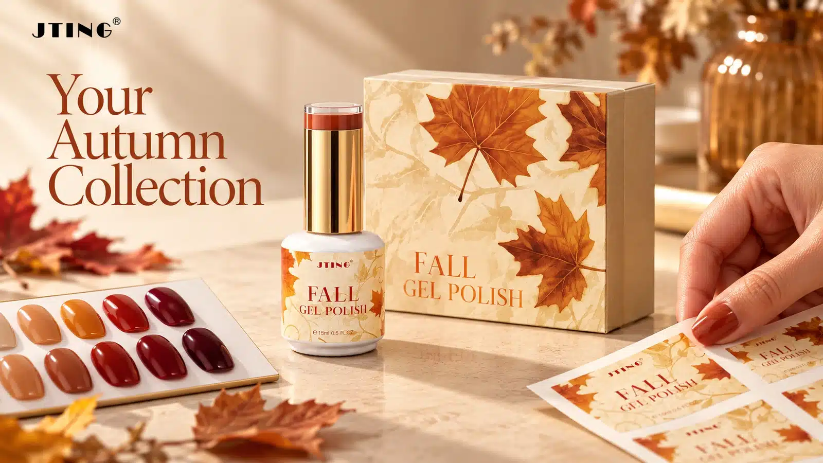 JTING autumn gel polish bottle and maple-leaf packaging beside nail samples and label proofs