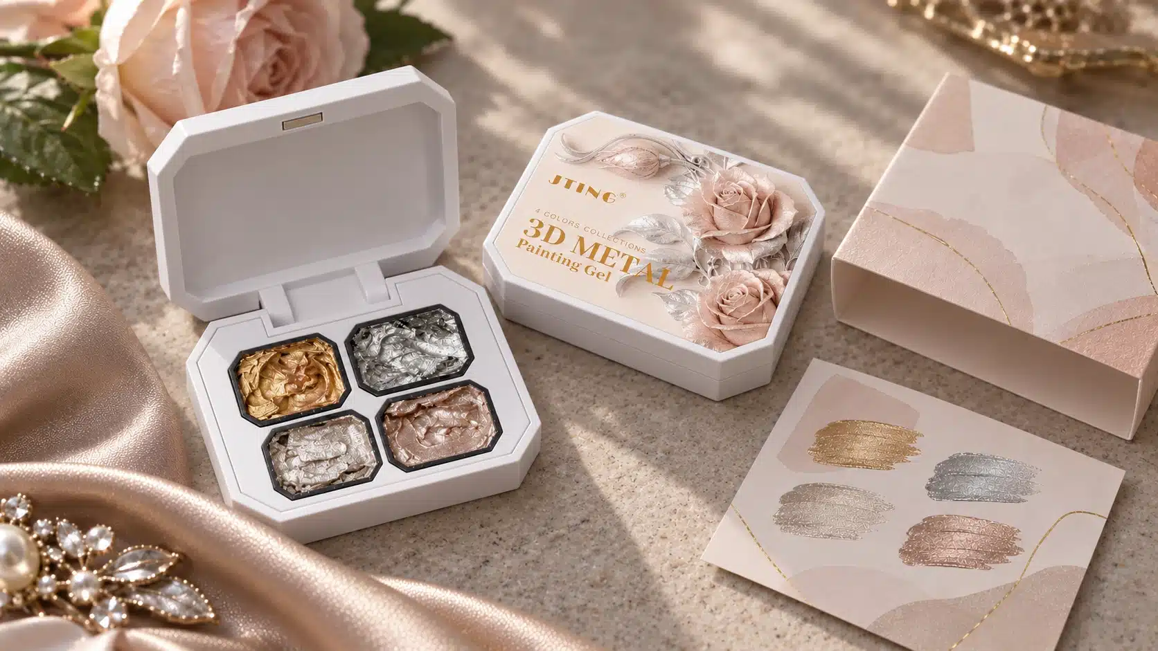 Open four-well JTING metal painting gel palette beside a separate closed rose-lid case and custom packaging concepts