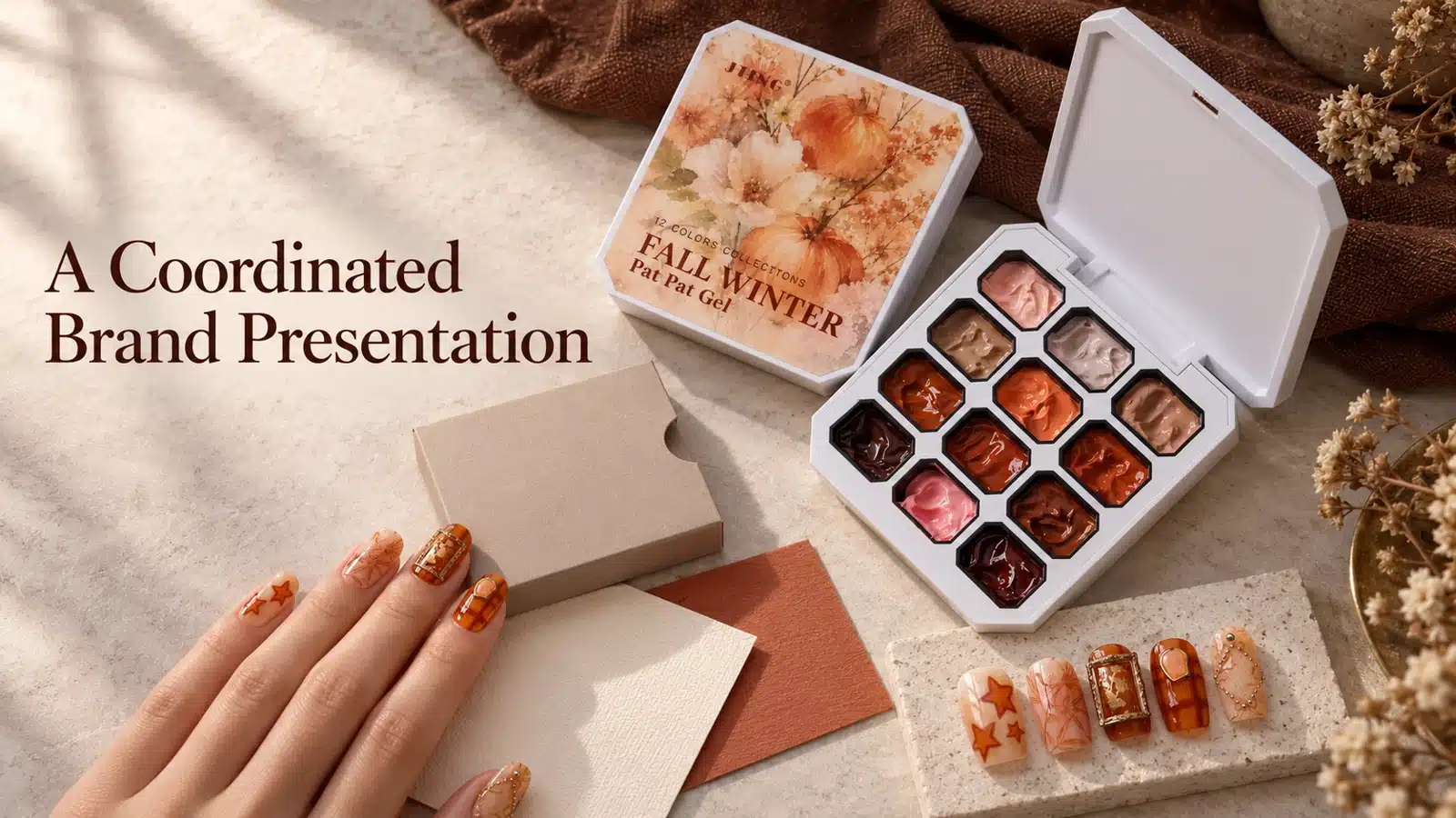 Open and closed Fall Winter Pat Pat Gel palettes with label papers, a packaging sleeve concept and amber nail samples