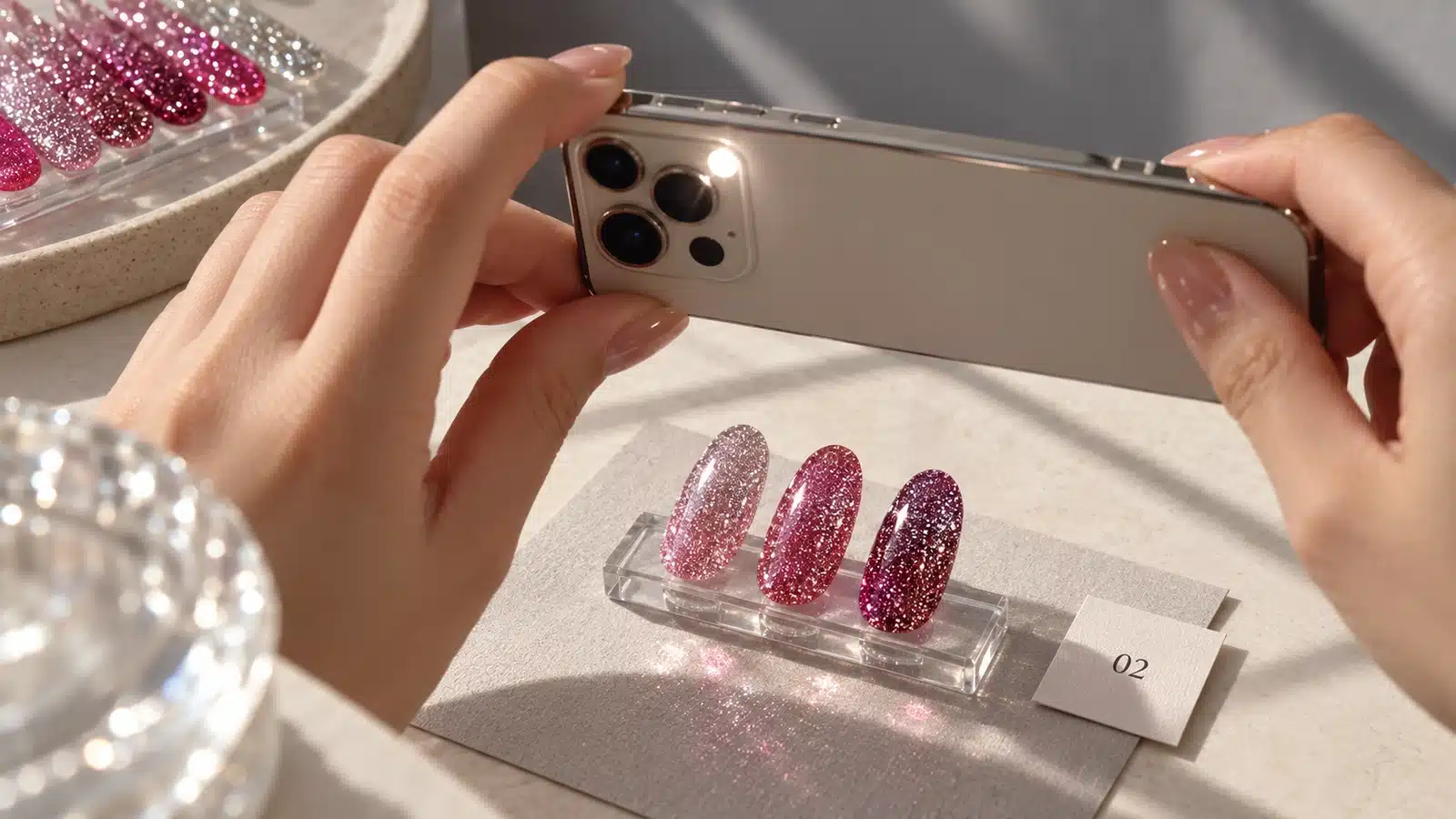 Hands holding a smartphone to photograph pink and berry reflective nail samples