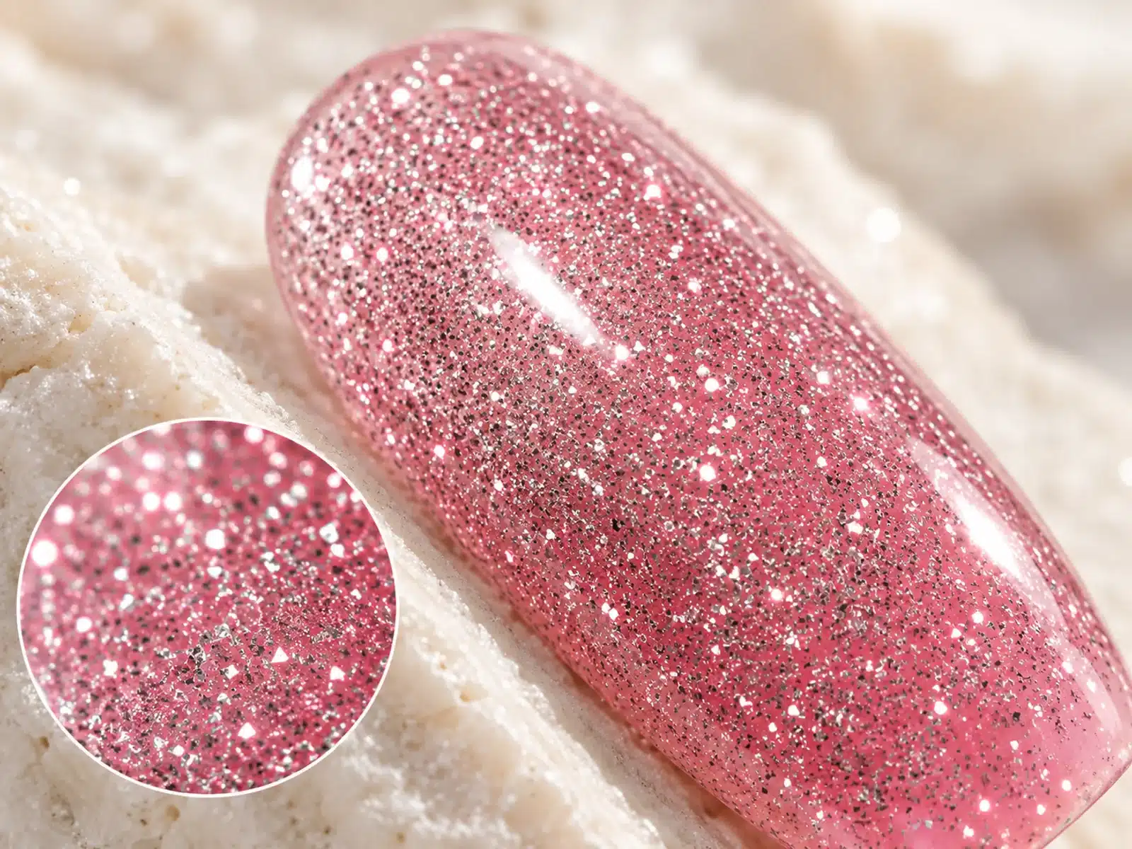 Close-up of pink reflective gel with fine silver glitter and small triangular particles