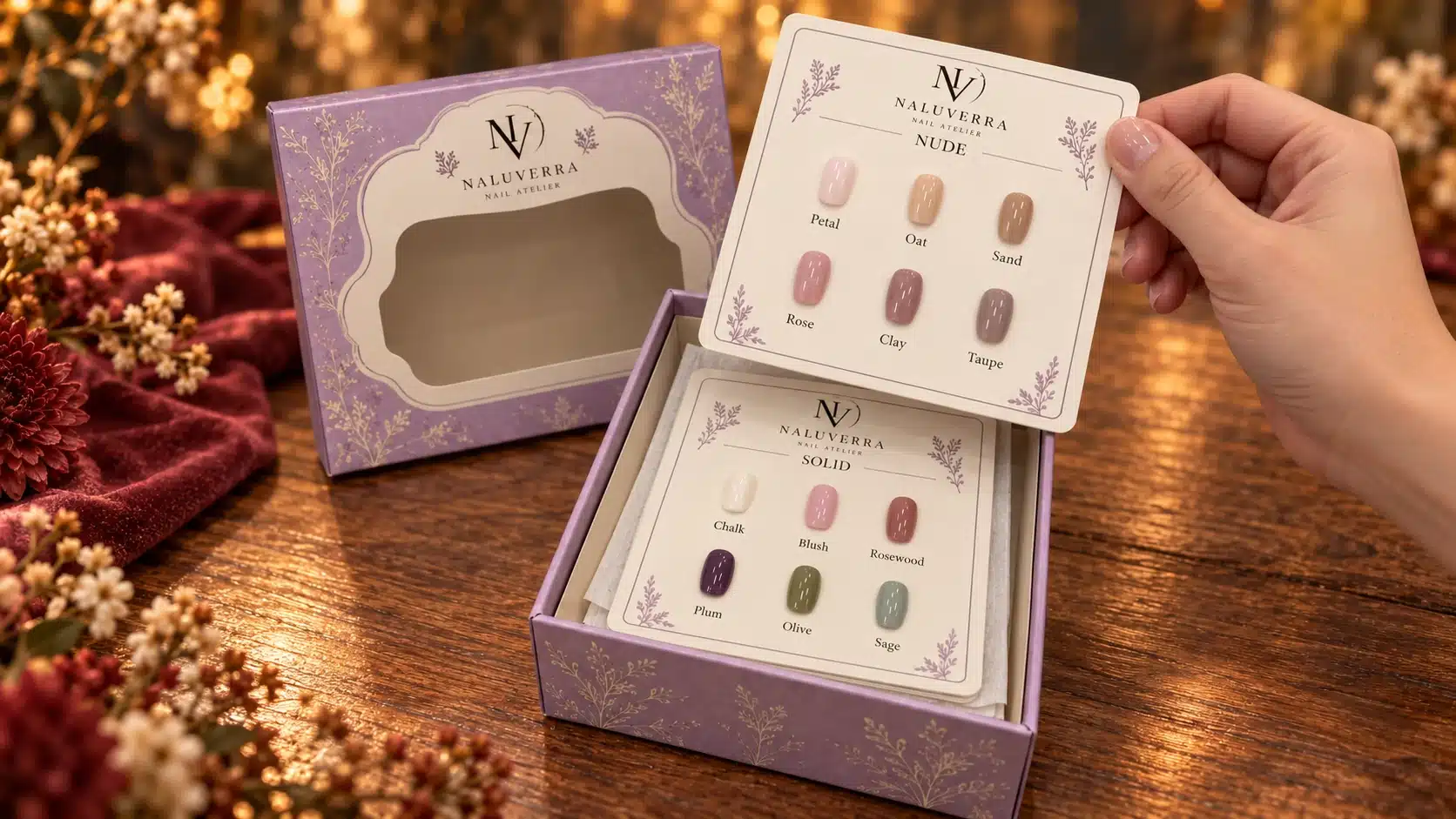 Paper nail color cards showing nude and solid shades with a matching lavender storage box