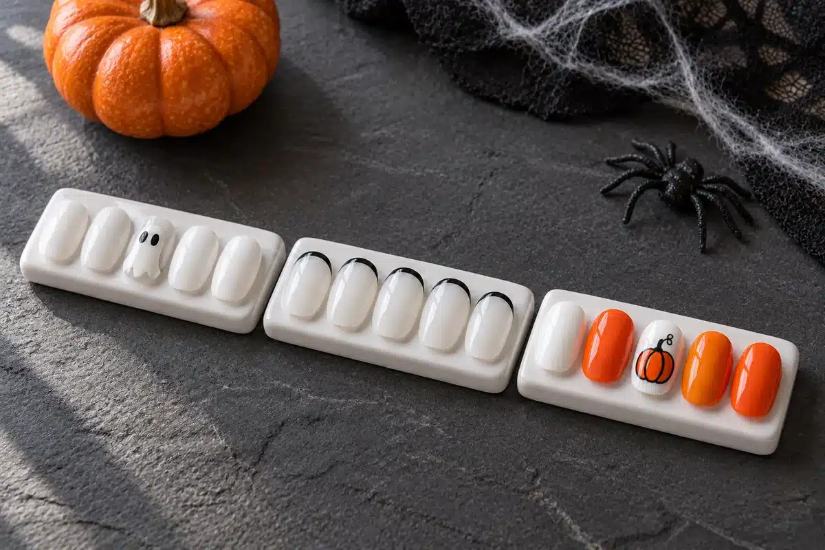 Short Halloween nail samples with white ghost accents, black micro French tips and orange pumpkin nail art