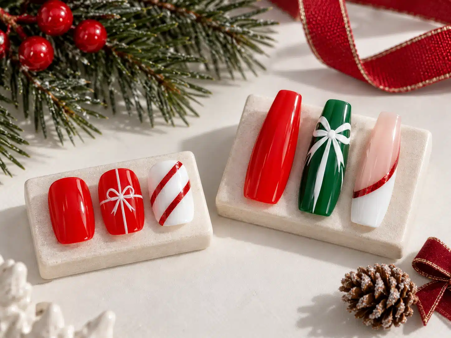 Short squoval and long coffin nail samples with coordinated red, green and white holiday designs
