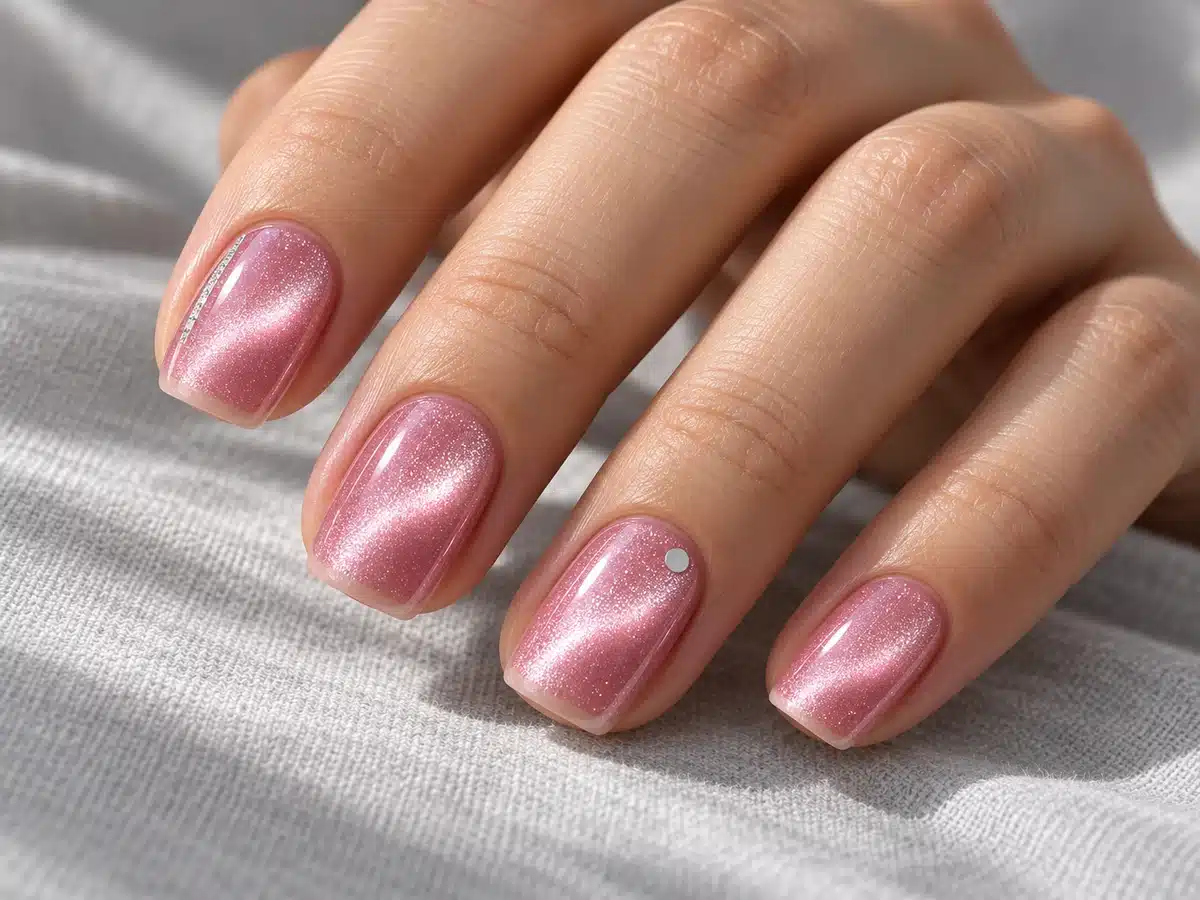 Short pink magnetic manicure with a small silver dot and a fine silver side accent