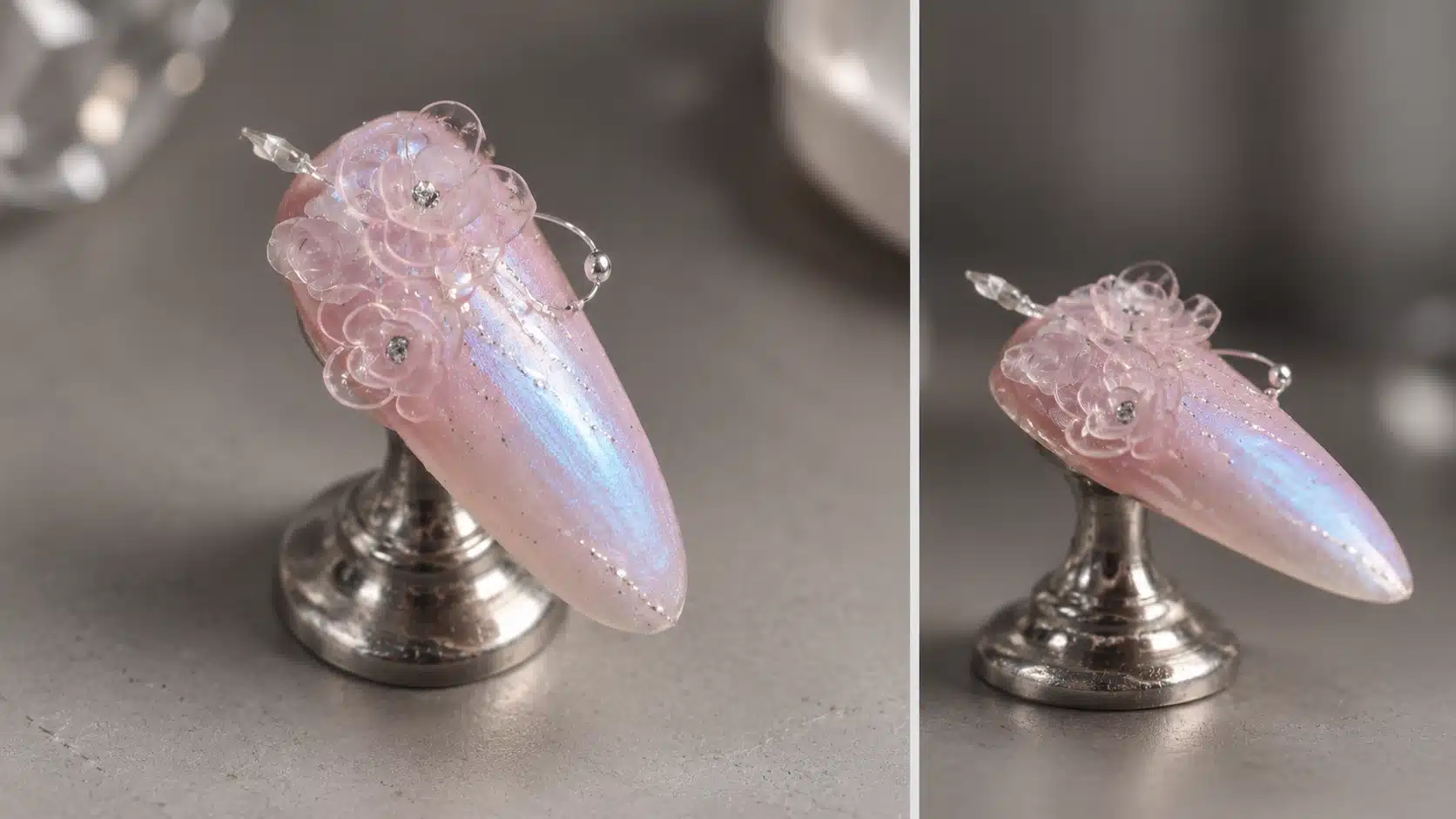 Front and Side Views of Clear Sculpted Roses Front and side views of clear sculpted roses on a pearlescent pink almond nail with fine silver accents