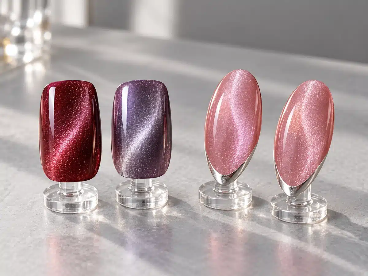 Two-tone burgundy and violet magnetic samples beside pink nails with silver French tips