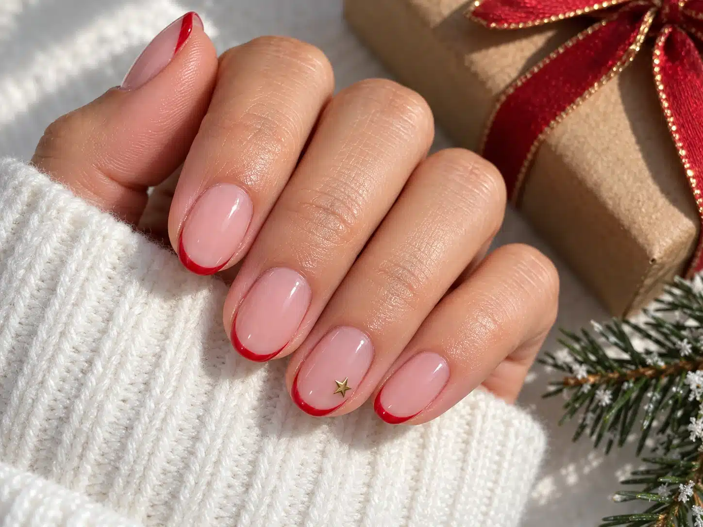 Short oval blush nails with narrow red French tips and a small gold star beside Christmas wrapping