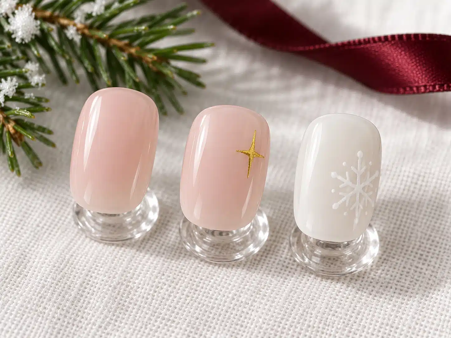 Short blush and milky-white nail samples with a small gold star and white snowflake