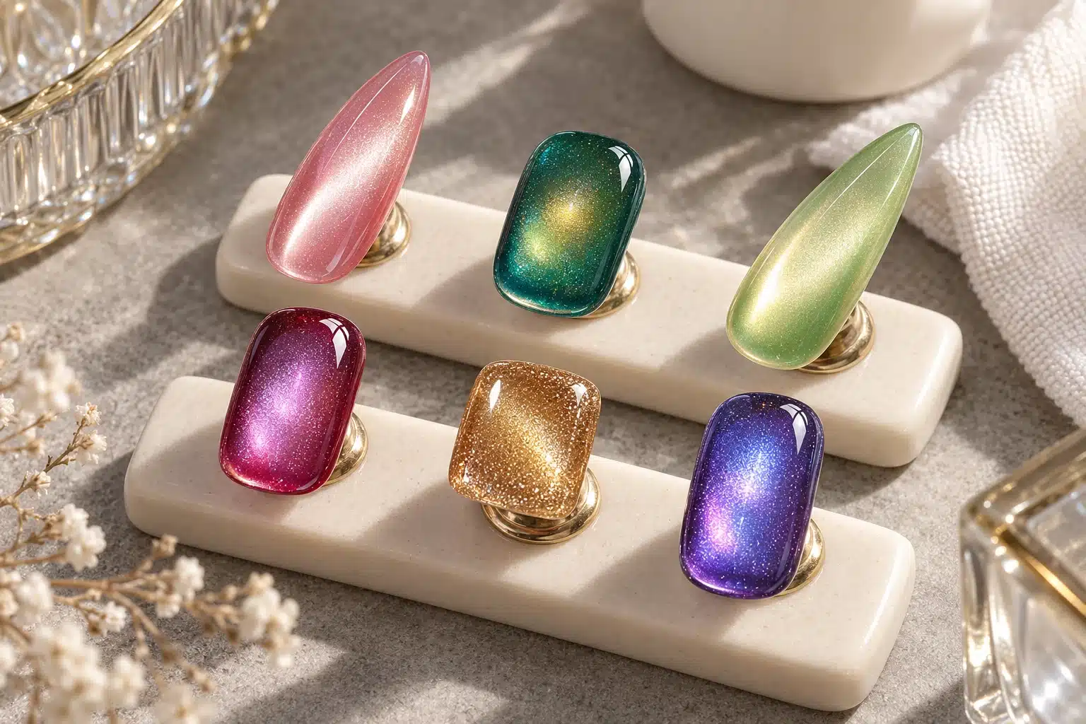 Six magnetic nail samples combining pink and green water-light, colored glass and gold sparkle finishes