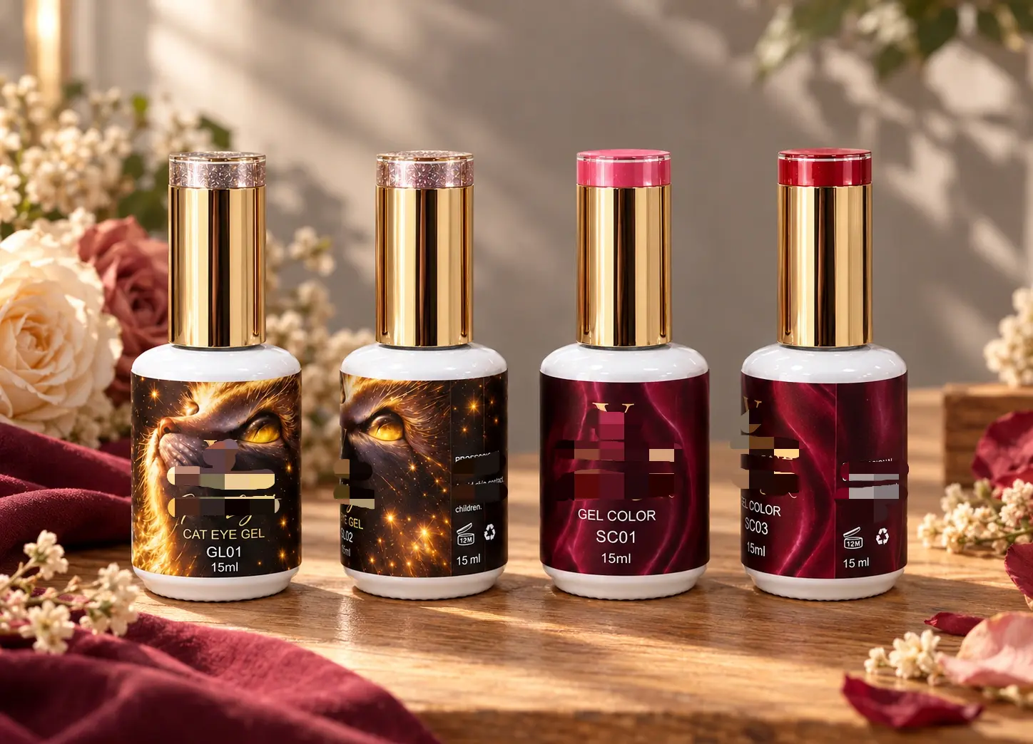 Gold Light and Chroma Silk gel nail polish bottles with front and side labels in a styled wood-table collection photograph.