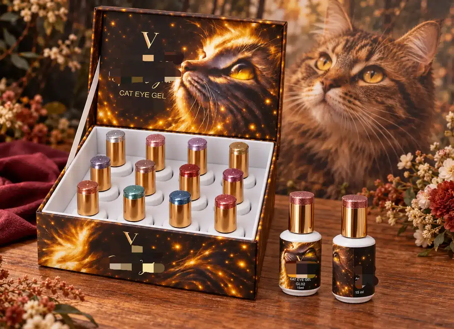 Gold Light twelve-color cat eye gel collection box and two GL02 bottles on a wood table with flowers and a cat-themed backdrop.