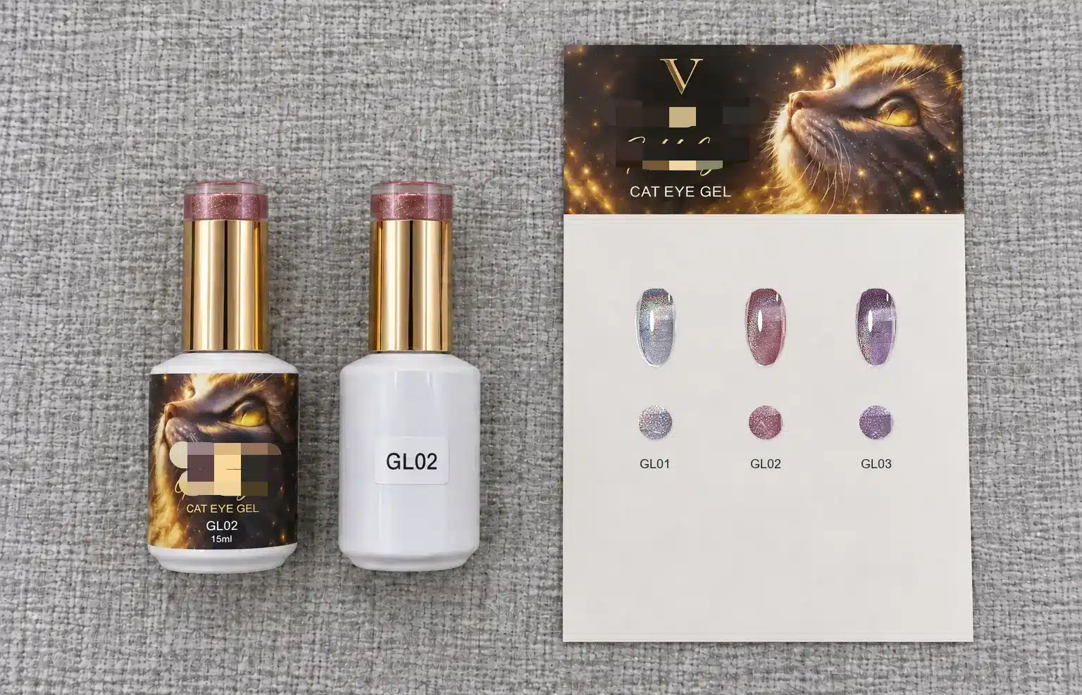 Gold Light cat eye gel sample and branded bottle beside matching shade codes and swatches.