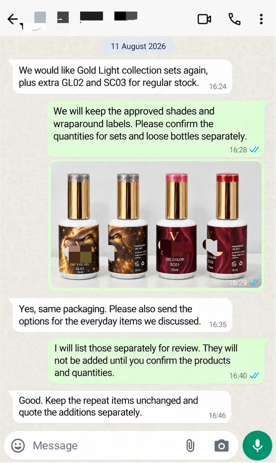 WhatsApp discussion of collection reorders, individual shades and separately reviewed additions.