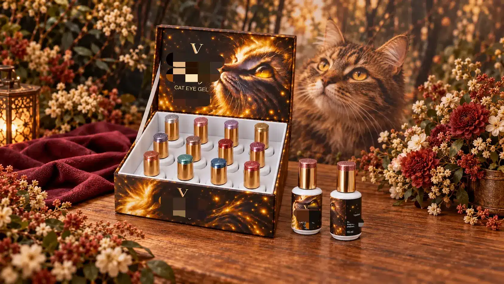 Branded cat eye gel nail polish collection in a display box with gold-capped bottles