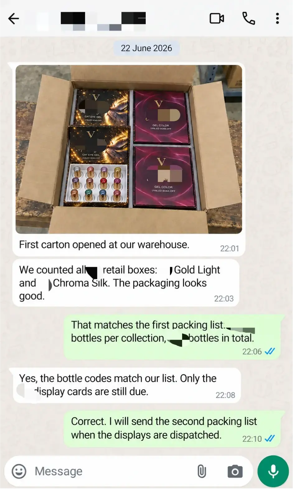 WhatsApp receipt confirmation for the first delivery of branded gel nail polish collections.
