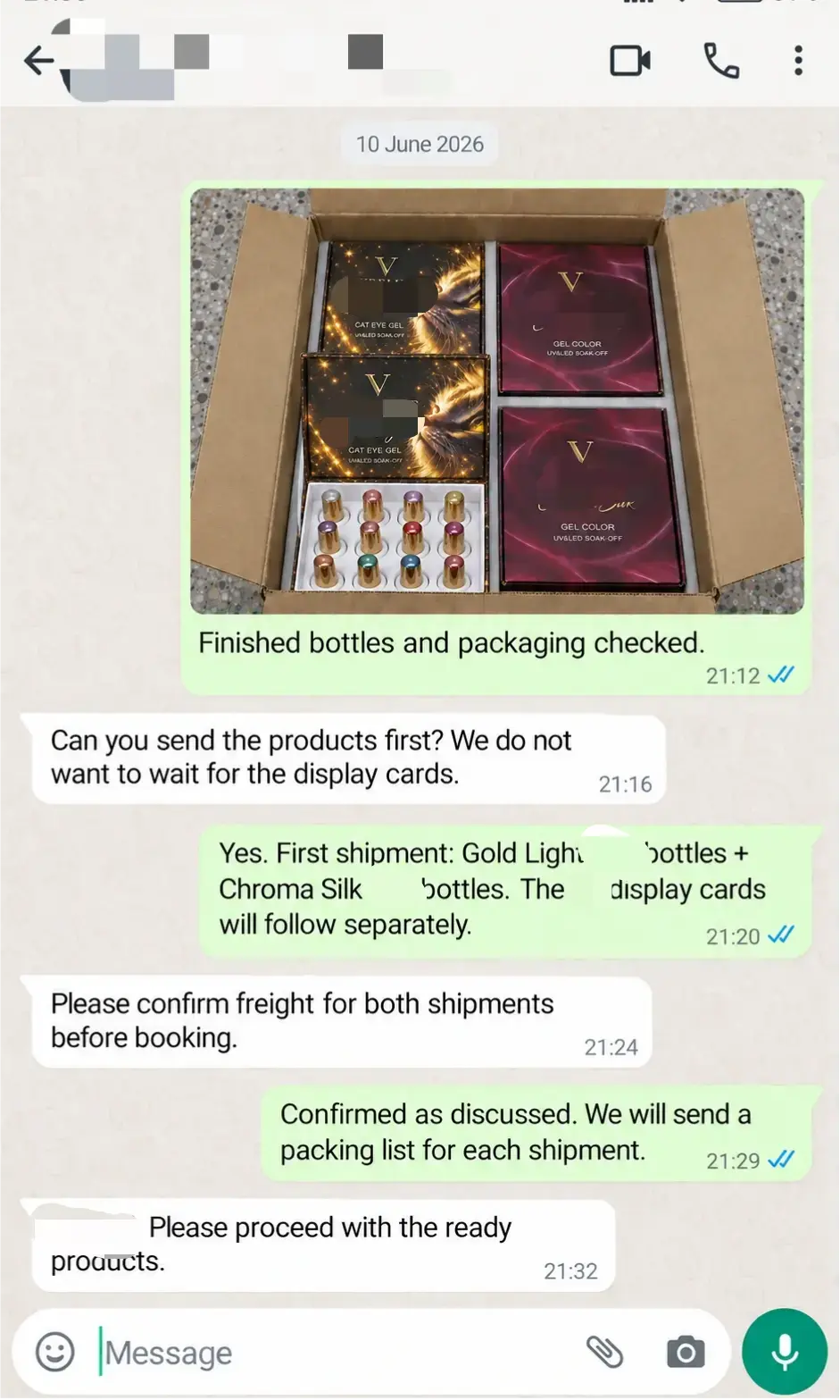 WhatsApp confirmation to ship the finished branded products before the remaining display cards.