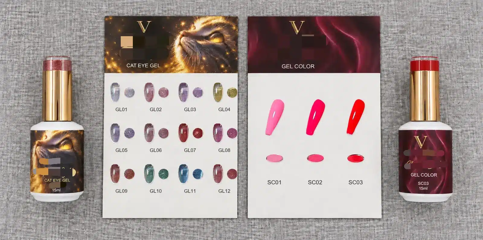 Gold Light and Chroma Silk display cards pairing nail tips with swatch pieces and shade codes.