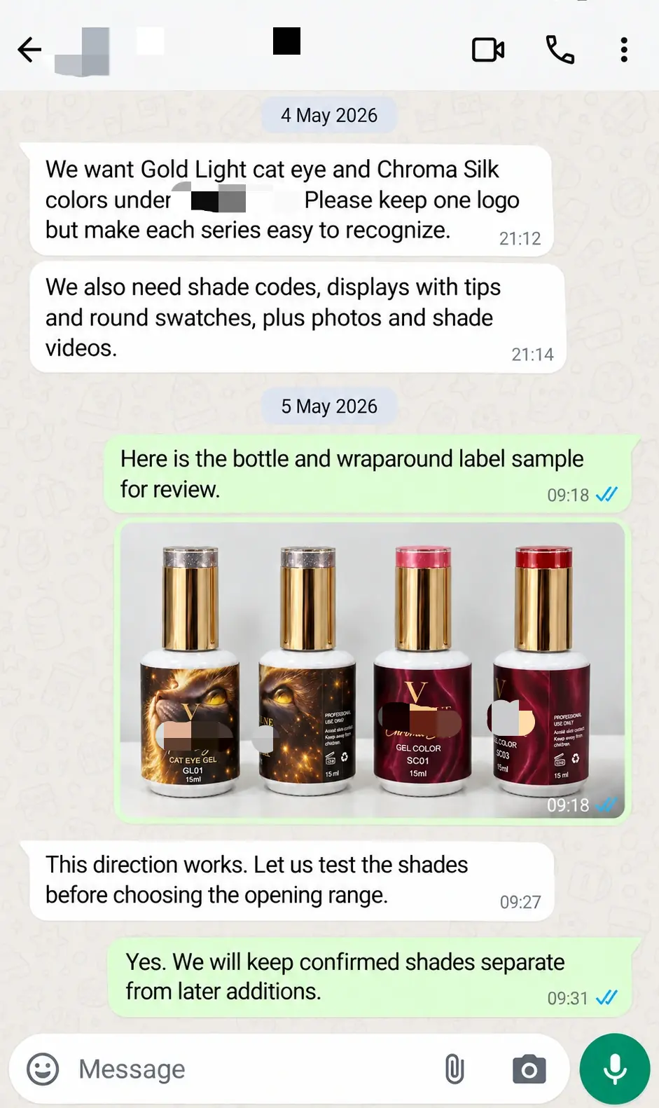 WhatsApp discussion of private label collections, shade displays and sales materials.