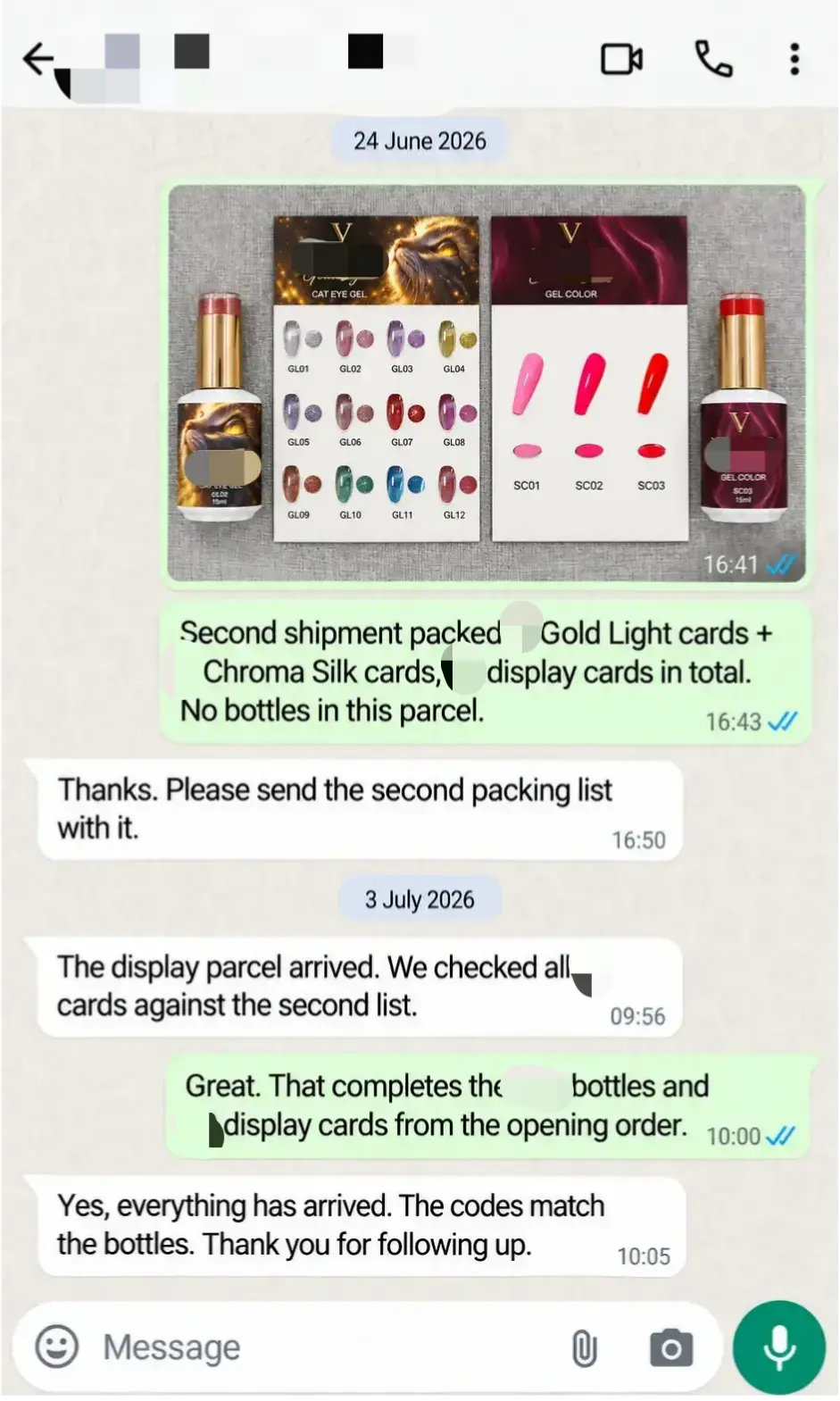 WhatsApp follow-up confirming delivery of the remaining shade display cards.
