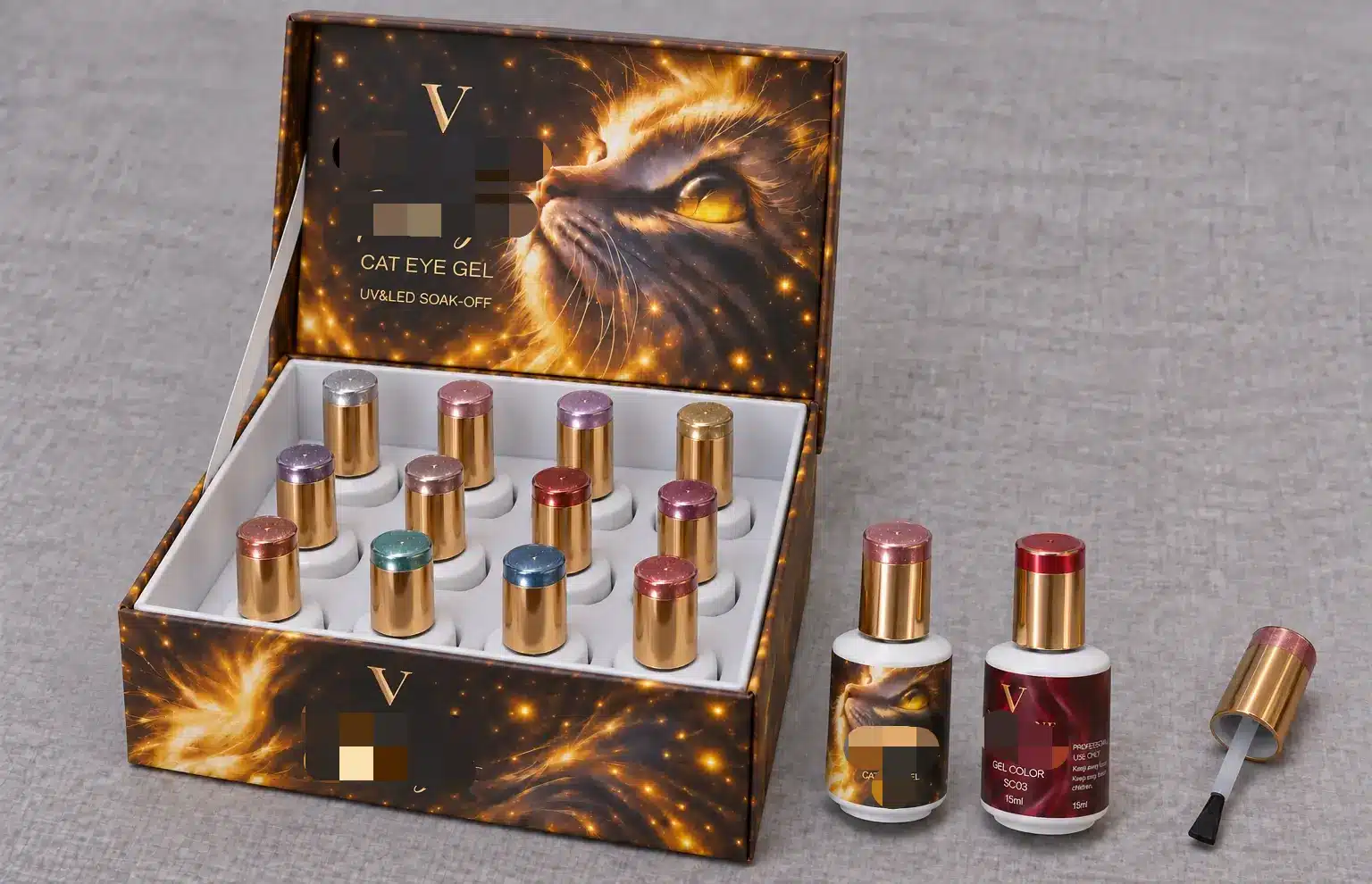 Round gel nail polish bottles, gold caps, a brush and a branded collection box with fitted inserts.