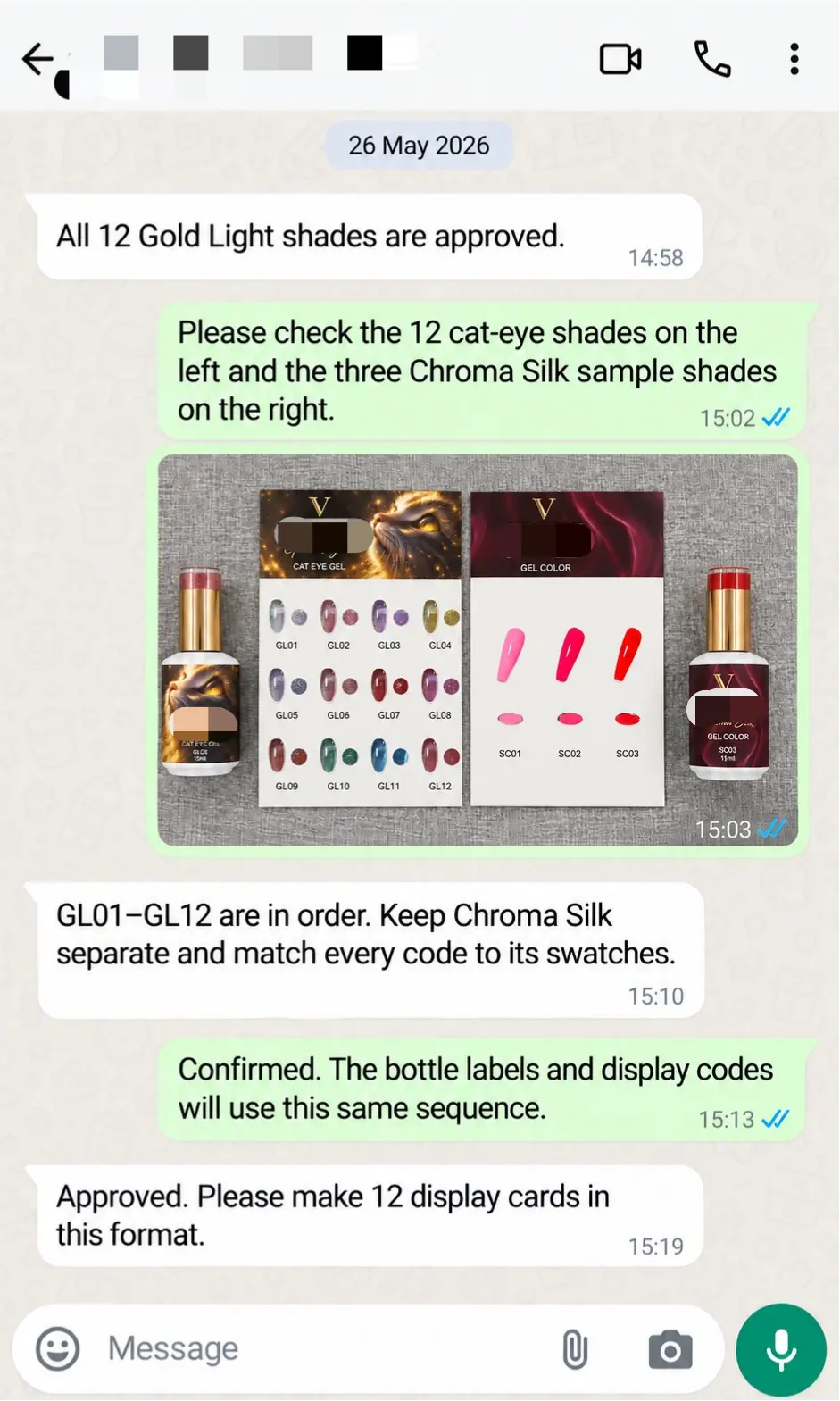 WhatsApp approval of display card layouts, collection names and matching bottle codes.