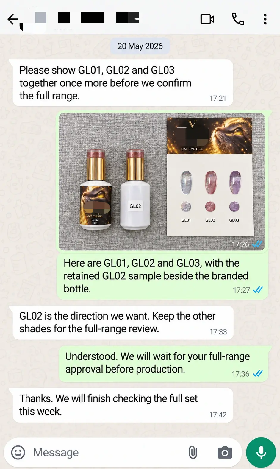 WhatsApp sample feedback comparing cat eye shades and confirming the opening selection.