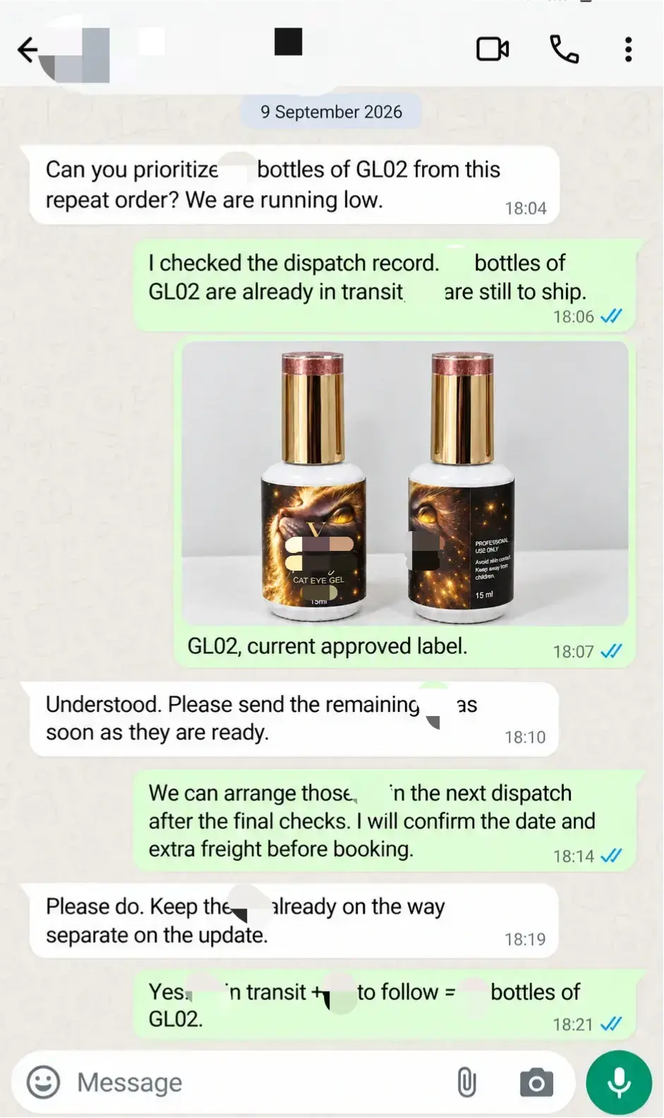 WhatsApp discussion separating GL02 bottles already in transit from the remaining replenishment.