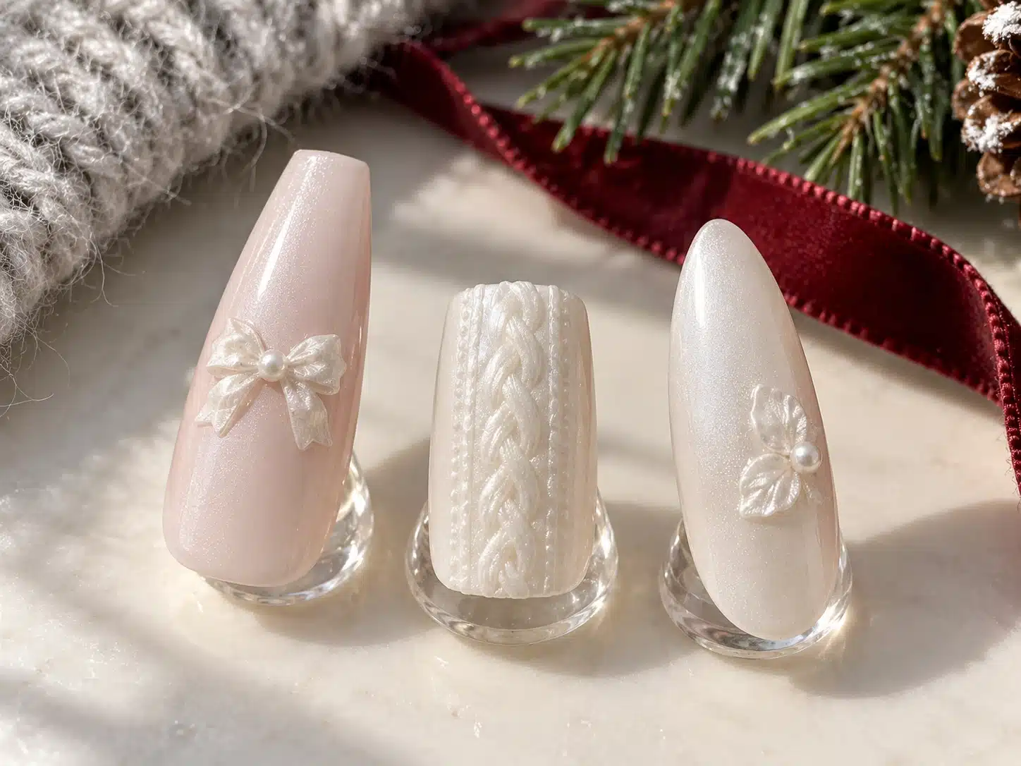 Pearly bow, knitted relief and sculpted flower details on winter nail samples