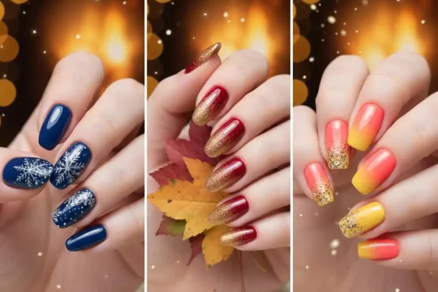 Three festive manicures with winter, fall, and summer themes.