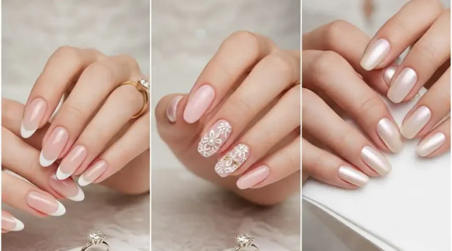 Bridal nails: French tips, floral designs, and pearlescent finish.