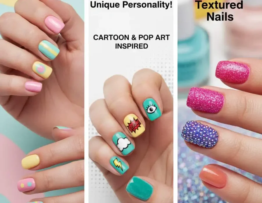 Fun, quirky, cartoon, pop art, and textured nail designs.