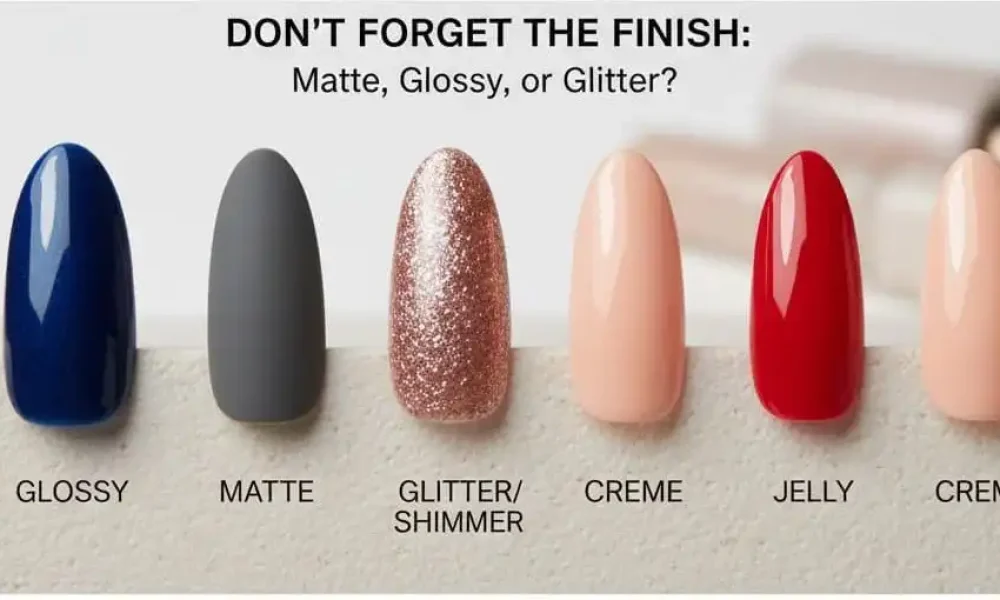 Nail polish finishes: glossy, matte, glitter, creme, and jelly.